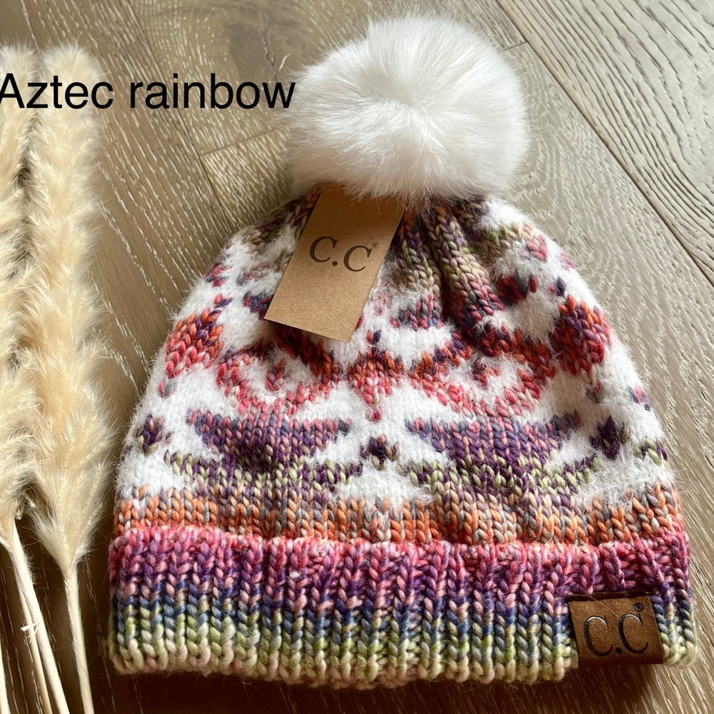 Womens C.C Exclusive Soft Aztec Southwest Pattern Beanie Hat With Faux Fur Pom🤎 - Picture 8 of 8